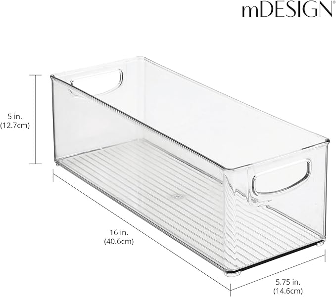 mDesign Plastic Stackable Kitchen Organizer - Storage Bin with Handles for Refrigerator, Freezer, Cabinet, and Pantry Shelves Organization - Food Container - Ligne Collection - 4 Pack - Clear
