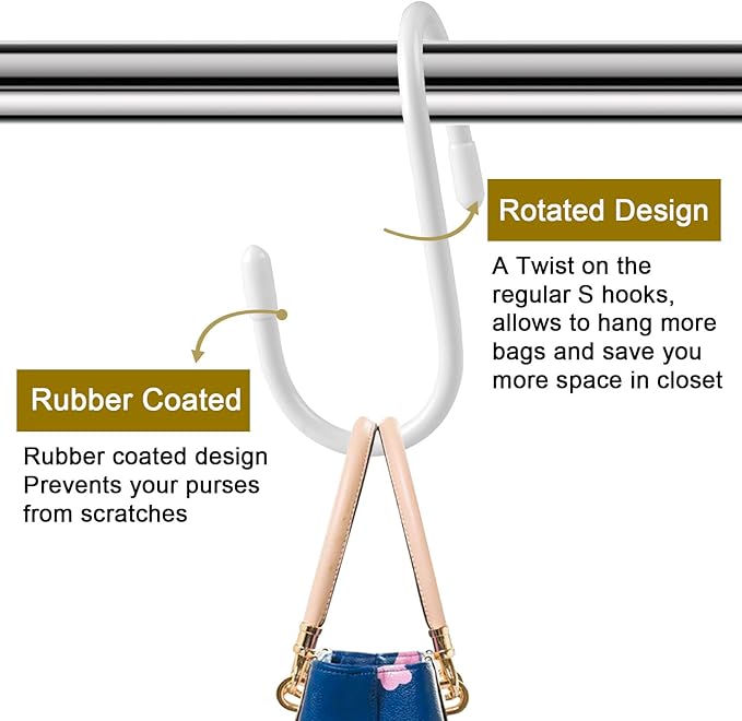 HiGift Purse Hanger for Closet, 8 Pack Unique Twist Design White Vinyl Coated Bag Hooks Organizer Hanging, Large Closet Hooks Purse Organizer Holder for Hanging Purse,Handbag,Belt,Hat,Backpack,Jeans