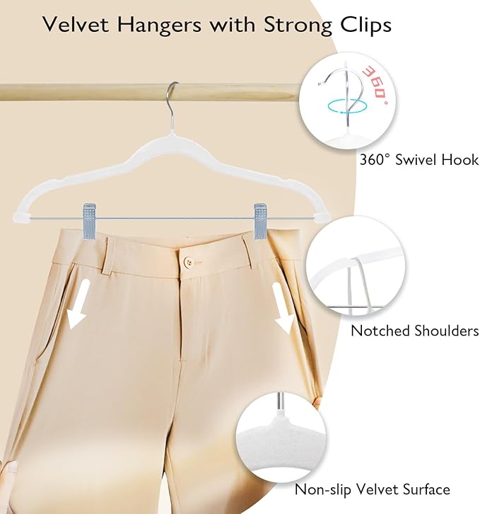 ManGotree Pants Hangers with Movable Clips, Non-Slip Velvet Skirt Hangers, Space-Saving Clothes Hangers for Pants, Skirts, Shirts, Coats, Dresses (18 Pack, White)