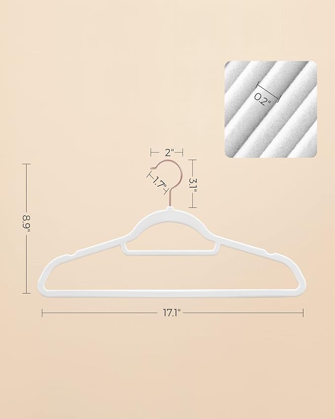 SONGMICS Velvet Hangers, Set of 50 Clothes Hanger with Rose Gold Swivel Hook, Non-Slip, and Space-Saving, 0.2-Inch Thick, 17.1-Inch Long for Coat, Shirt, Dress, Pants, Tie, Cloud White UCRF021W02