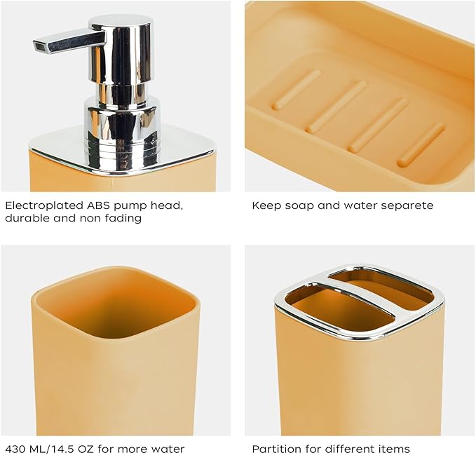 4Pack Bathroom Accessories Set, Bohemian Bathroom Sink Set, Contain Soap Dispenser, Toothbrush Holder, Soap Dish & Mouthwash Cup,Square soap and Toothbrush Holder Set