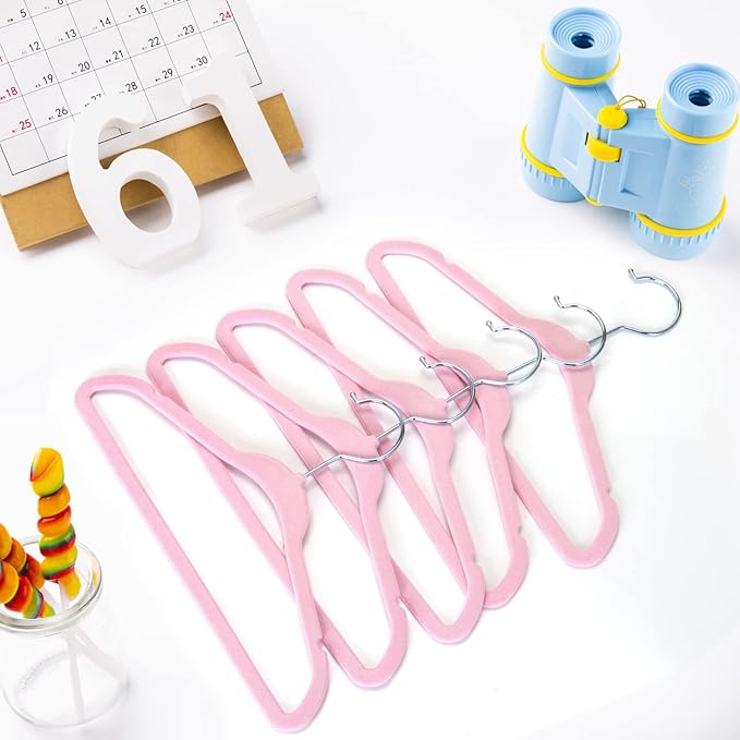 Pink Velvet Kids Hangers 50 Pack - 11" Ultra Thin Non-Slip Clothes Hangers for Baby/Toddler/Daycare | 360° Rotating Hooks, Space-Saving Nursery Organization