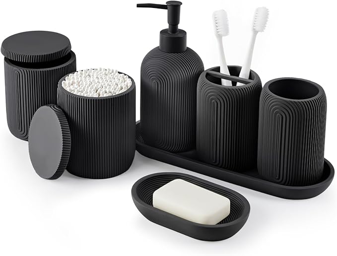 Bathroom Accessories Set - 7-Piece Resin Bathroom Set, Toothbrush Holders Set, Soap Dispenser, Qtip Holder Dispenser, Tumbler, Soap Dish & Tray, Modern Bath Decor for Home Dorm Hotel (Black)