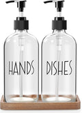 ALELION Glass Soap Dispenser with Pump - 16 OZ Clear Dish and Hand Soap Dispenser Set with Acacia Wood Tray for Kitchen Bathroom - Modern Liquid Pump Bottles