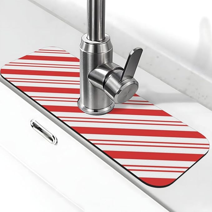 Christmas Red And White Candy Cane Swirl Stripe Striped Stripes Candycane Kitchen Sink Splash Guard Faucet Mat Super Absorbent Fast Drying Mat Sink Sink Mat For Kitchen Bathroom (15" X 5.5" )
