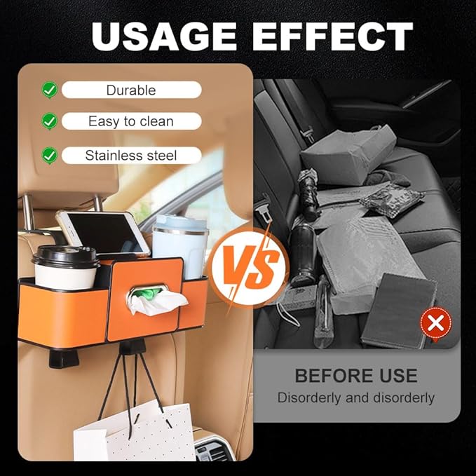 3-in-1 Car Backseat Organizer – Keep Your Ride Clean & Organized! Tissue Box, Trash Bin & Hooks,Multifunctional Back Seat Car Organizer for Hold Phones, Snacks, Drinks, and Handbags (Black)