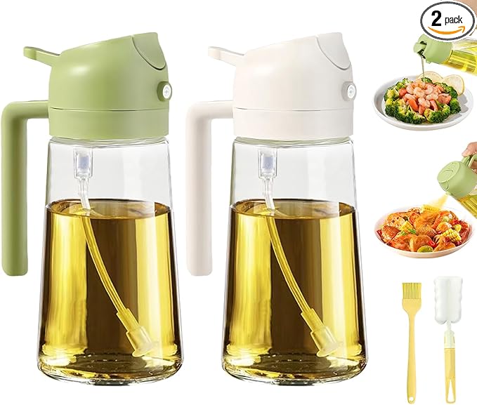 2pcs Oil Sprayer for Cooking, 16oz/470ml Oil Dispenser for Kitchen, 2 in 1 Olive Oil Dispenser Bottle for Kitchen Gadgets, Air Fryer, Salad, BBQ (Ivory, Green)