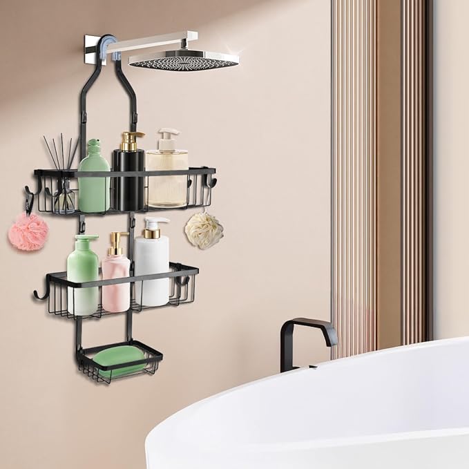 Shower Caddy Hanging Over Shower Head, Height Adjustable No Drilling Bathroom Hanging Shelf Organizer, Rustproof Shower Caddy Over with Hooks Shampoo Soap Holder for Inside Shower