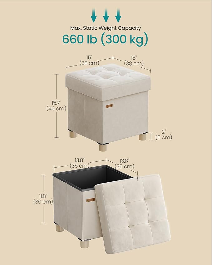 SONGMICS Small Storage Ottoman, Folding Ottoman Cube, 15 x 15 x 15.7 Inches, Footstool, Footrest, 9.8 Gal. (37 L), Velvet Surface, for Bedroom, Living Room, Dorm, Cappuccino Beige ULSF0516W02