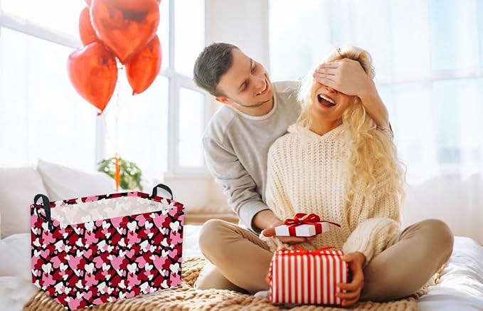Sanjiaofeng Rectangular Valentine's Day Basket Love Storage Bins,Girls Storage Basket with Handles.Clothers,Books,Kid's Gifts Bins. (Black red heart)