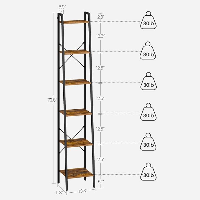 Ladder Shelf, Bookshelf Bookcase, Freestanding Corner Storage Shelve with 2 Hooks for Home Office, Living Room, Kitchen, Bedroom, Industrial, 11.8"D x 13.4"W x 72.8"H, Rustic Brown BC13301B