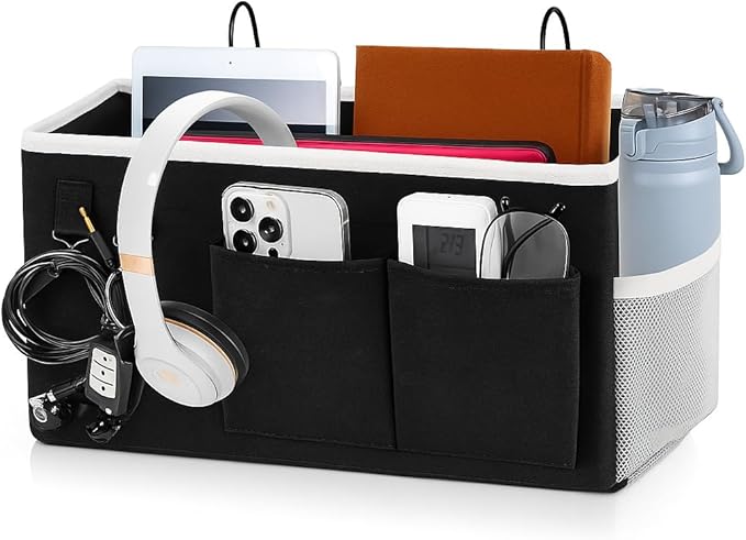 ADVANCELLPRO Bedside Caddy Organizer Hanging Storage Bag with Pockets for Books, Magazines, Phone, Tablet & Water Bottle – Bedside Storage for Dorm, Bunk Beds, Hospital Beds & Cribs, Black