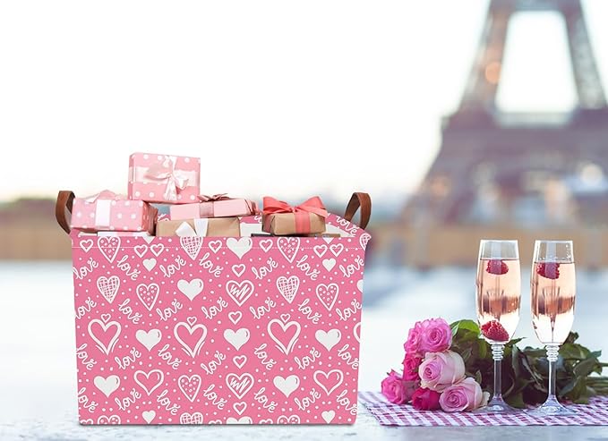 Rectangular Storage Basket Empty,Collapsible Gift Basket with Handles,Heart Print Basket, Books Box,Room Decor(Lovely Heart)