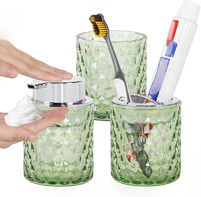 Bathroom Accessories Set, 3pcs Green Glass Bathroom Accessory Set,Toothbrush Holder, Foaming Soap Dispenser and Tumbler, Silver Bathroom Decor Sets for Organizer, Home Apartment Gift