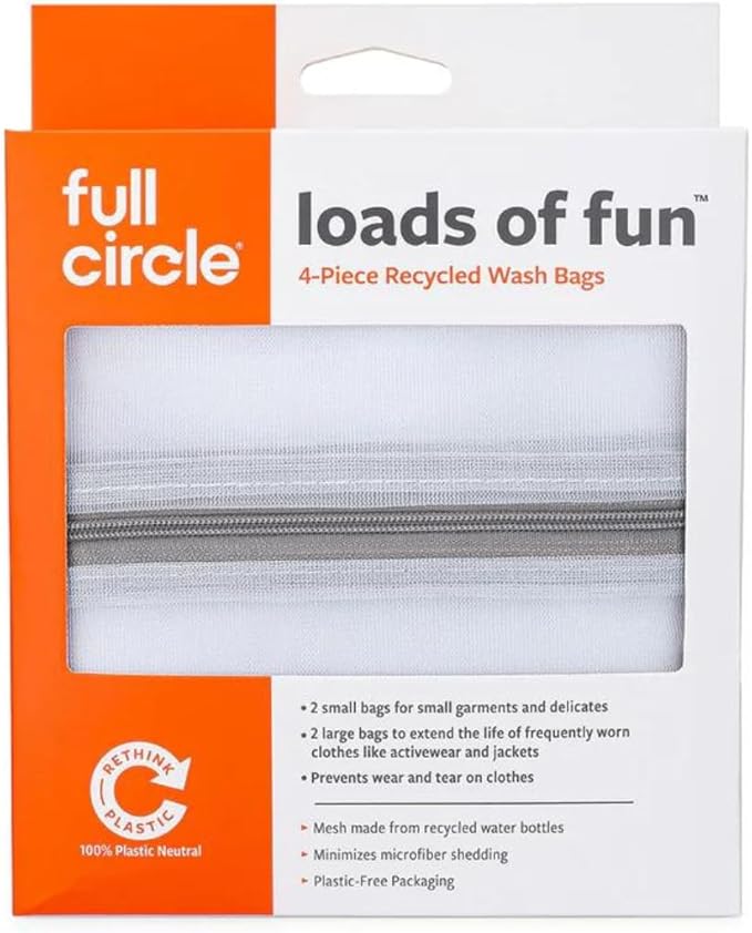 Full Circle Home Full Circle Loads of Fun Recycled Mesh Laundry Zipper, Set of 4 – Reusable Garment Washing Machines – Large Clothes Small Delicates/Lingerie Bags, White 4 Count