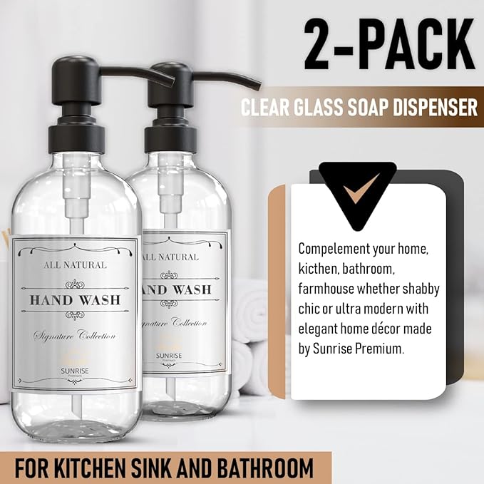 2 Pack Clear Glass Soap Dispenser 16 OZ with Matte Black Stainless Steel Pump, Hand and Dish Soap Dispenser Set for Bathroom and Kitchen Sink with 6 Waterproof Labels