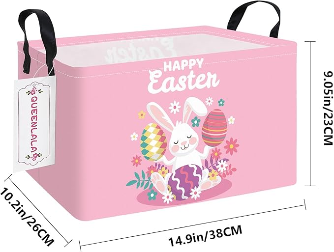 QUEENLALA Rectangular Laundry Hamper/Foldable Nursery Laundry Basket for Organizing/Storage Bin Baskets/Children Toy Office Bedroom/Toy Bin Closet Shelf Baskets (Rec-Pink Easter Rabbit Eggs)