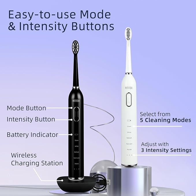 CWX Sonic Electric Toothbrush Wireless Fast Charging, 5 Cleaning Modes, 3 Intensity Settings, 60 Days Battery Life, 2 Min Smart Timer, 4 Brush Heads & Travel Case IPX7 Waterproof