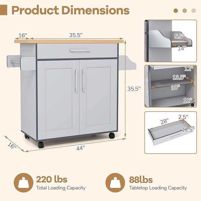 COSTWAY Kitchen Island On Wheels, Rolling Storage Trolley Cart with Large Cabinet, Drawer, Spice Rack and Towel Rack, Kitchen Serving Utility, 3-Position Adjustable Shelf (Grey)