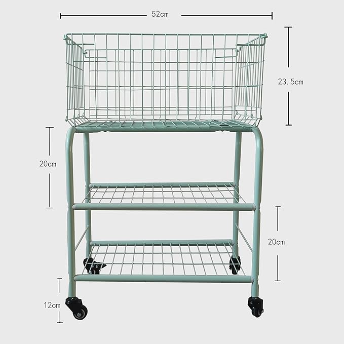 3 layerS rolling wire laundry basket,easy moved laundry cart for clothes,pants laundry. children toys organization cart,metal cart with metal frame,enlarge the storage (MINT)
