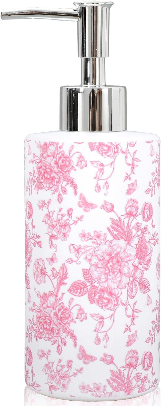 JarThenaAMCS Pink Floral Soap Dispenser Glass Dispenser with Pump Refillable Vintage Chinoiserie Flower Butterfly Liquid Soap Container for Kitchen Bathroom Countertop Decor