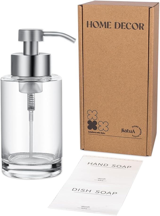 Foaming Soap Dispenser Set, 12 Oz Glass Hand Soap Dispenser with 304 Rust Proof Stainless Steel Pump, Waterproof Labels, for Bathroom Decor Kitchen College Dorm, Clear Silver Pump