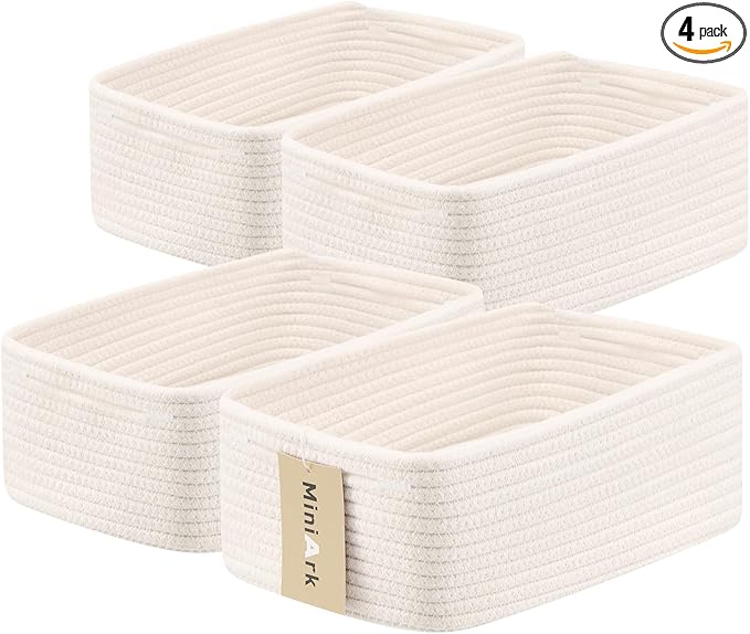 Small Storage Baskets for Organizing | Closet Organizer Bins | Shelf Toy Basket | Woven Rope Baskets | Cube Decorative Box | Shallow Basket | 13x8.5x5.1” | 4 Packs Off White