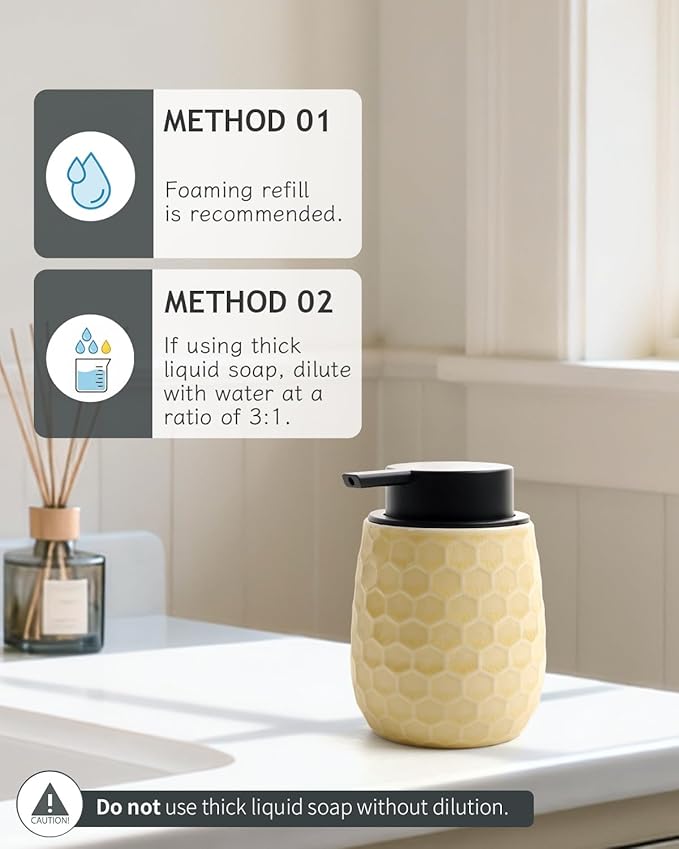 Foaming Soap Dispenser, 12OZ Ceramic Foam Hand Soap Dispenser with Honeycomb Design for Kitchen or Bathroom, Ice Crack Yellow Refillable Dish Lotion Dispenser, ANTIS'S HOME