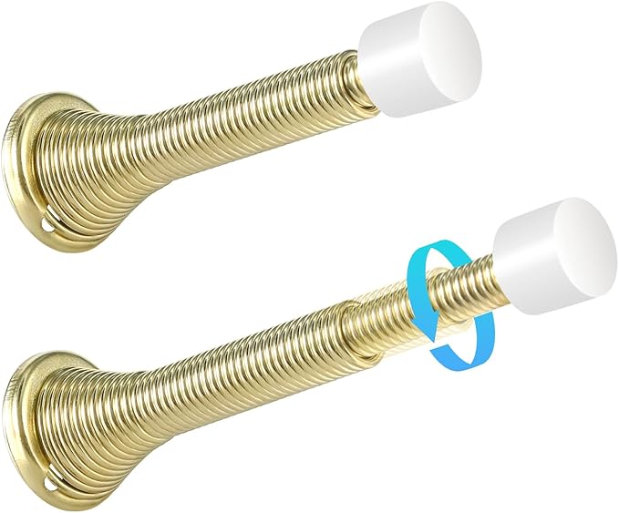 HOMOTEK 10 Pack Telescoping Spring Door Stoppers, Extended from 3-1/8 to 4-1/4 inches Wall Mount Extra Long Door Stops- Flexible Spring Doorstops Wall Protector (Bright Brass)