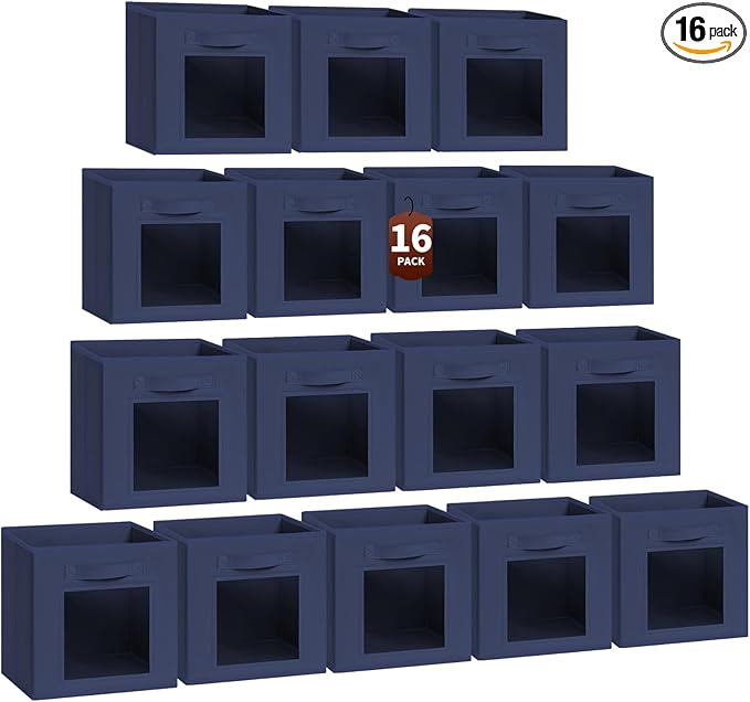 Storage Cube 11 Inch - Cube Storage Bins with Window, Closet Storage Baskets with Handle, Fabric Bins for Closet, Shelves, Toys, Clothes, Set of 16, Navy Blue