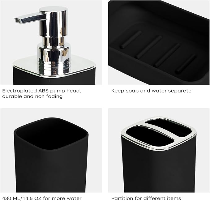 4Pack Bathroom Accessories Set, Bohemian Bathroom Sink Set, Contain Soap Dispenser, Toothbrush Holder, Soap Dish & Mouthwash Cup,Square soap and Toothbrush Holder Set