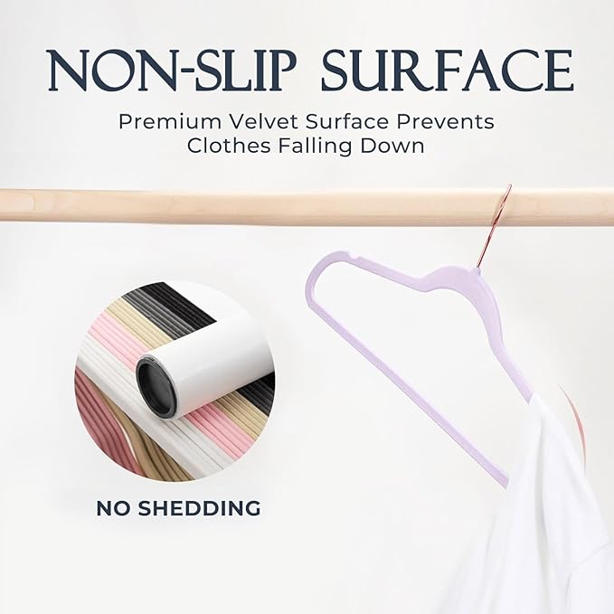 HOUSE DAY Lt-Purple Velvet Hangers 20 Pack, Premium Non-Slip Felt Clothes, Sturdy Heavy Duty Coat, Durable Hangers for Suits, Space Saving with No Hanger Mark, 360° Swivel Rotating Rose Gold Hook