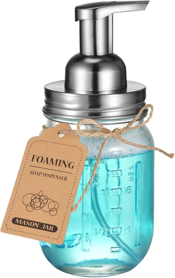 Amolliar Mason Jar Foaming Soap Dispenser, Plastic Soap Pump, Refillable Hand Soap Dispenser for Kitchen, Cute Farmhouse Decor, Dish Soap, Shampoo, Bathroom Soap Accessories, Brushed Nickel 2 Pack