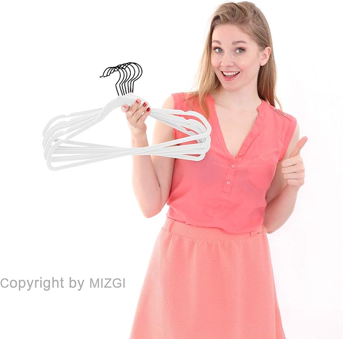 MIZGI Premium Velvet Hangers (50 Pack) Heavy Duty - Non Slip Felt Hangers - White Velvet Suit - Black Coated Hooks,Space Saving Clothes