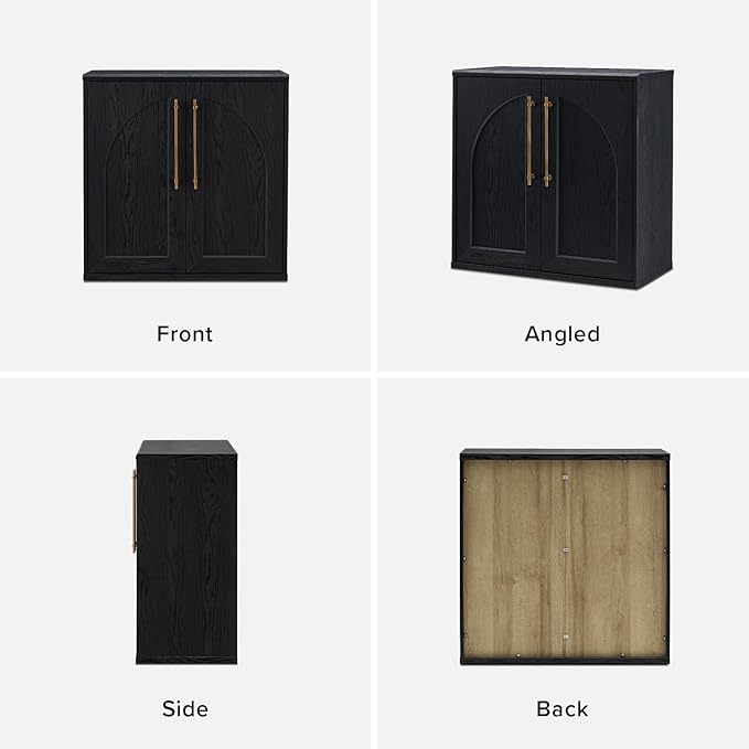 mopio Blake Storage Cabinet, Small Modular Accent Display Sideboard Buffet Cabinet with Storage, Media Console Credenza, for Kitchen, Coffee Bar, Pantry, Living Room (Black Oak Arched, Set of 2)