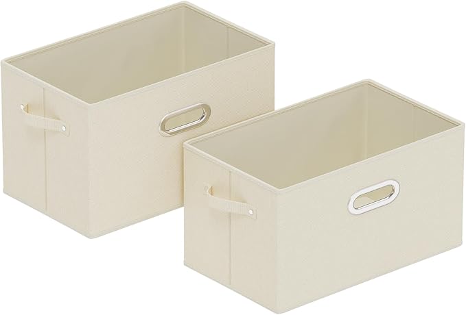 Foldable Cloth Basket with 3 Handles, Decorative Open Storage Boxes, Stackable Cube Organization, Fabric Bins for Shelves, Closet, Living Room, 15x9.8x9.8in, Beige, 2 Pack