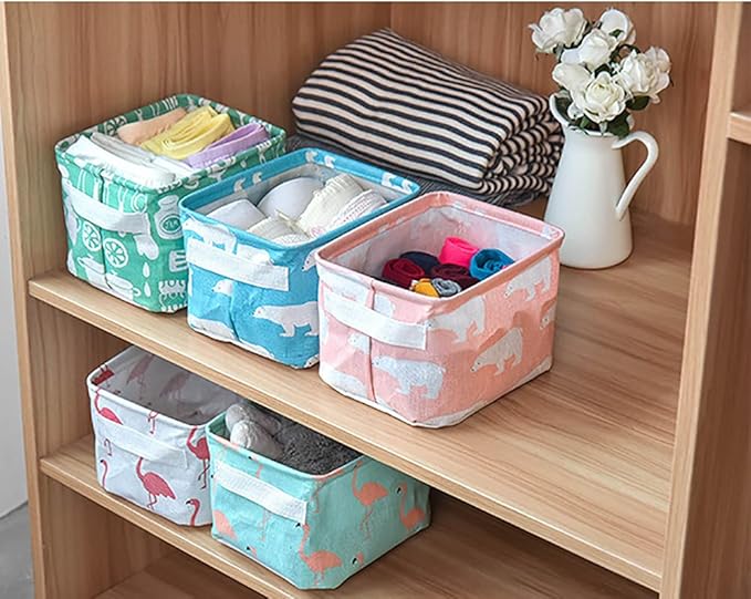 Lawei 9 Pack Mini Canvas Storage Bins - Collapsible Canvas Shelf Basket Nursery Organizer Box with Handles for Nursery Kids Bathroom Home Office
