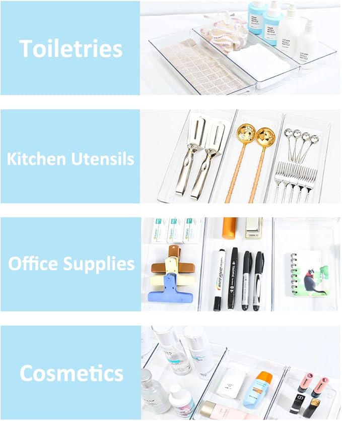 3 Pcs Large Clear Drawer Organizer Set, 15" X 6" Desk Drawer Organizers Trays with Non-Slip Silicone Pads, Storage Bins for Makeup, Office, Kitchen Gadgets Utensils, Bedroom, Tools, Bathroom