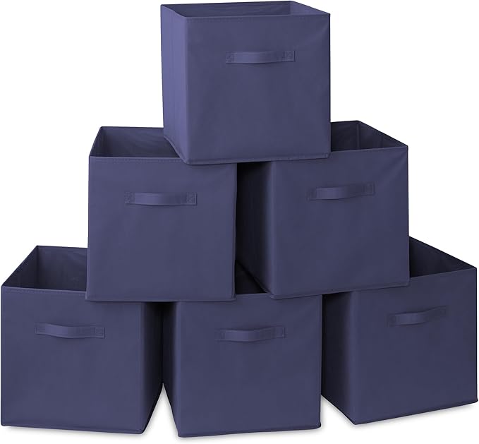 Casafield Set of 6 Collapsible Fabric Cube Storage Bins, Navy Blue - 13" Foldable Cloth Baskets for Shelves, Cubby Organizers & More