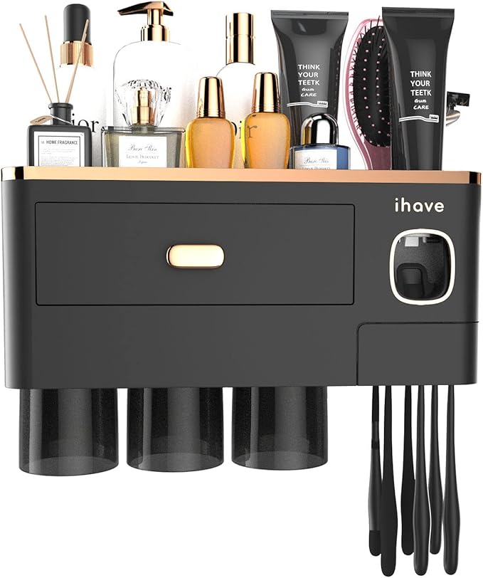 iHave Toothbrush Holders Wall Mounted with Toothpaste Dispenser & 3 Cups - Luxury Black and Gold Design for Bathroom Decor, All-in-One Bathroom Organizers & Storage for Toothbrushes and Accessories
