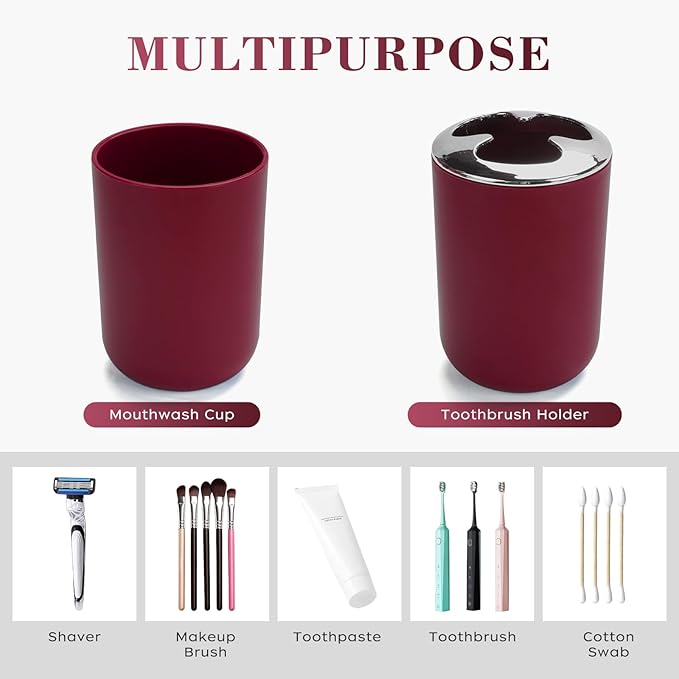 4 Pcs Burgundy Bathroom Accessories Set,Bohemian Bathroom Toothbrush Holder Set.Include Soap Dispenser, Soap Dish, Toothbrush Holder, Mouthwash Cup, Modern Bahtroom Decor Set