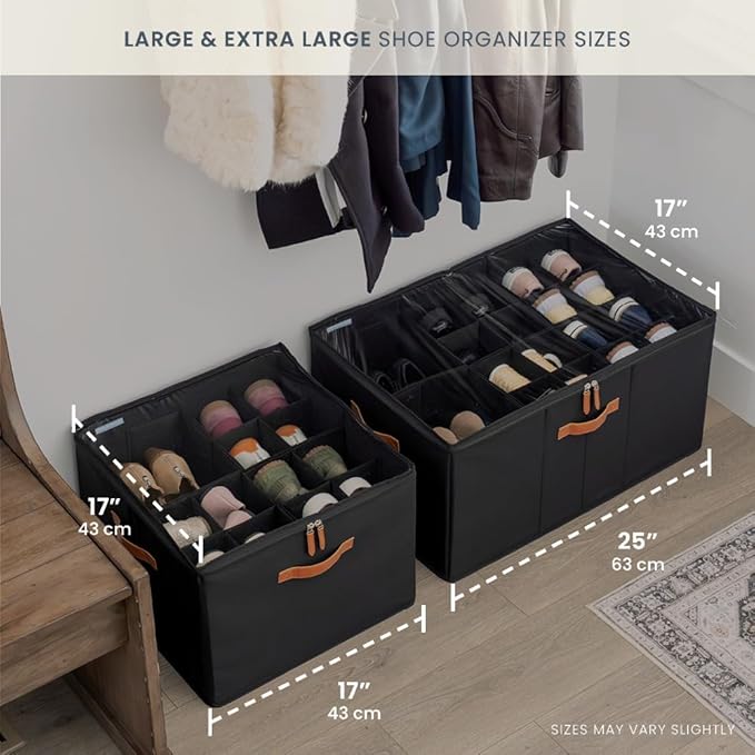 OrganiHaus Shoe Organizer for Closet and Entryway, Fits up to 16 Pairs, Large Shoe Storage Box, Collapsible Shoes Storage Bin, Shoes Container w/Reinforced Handles and Clear Cover - Black