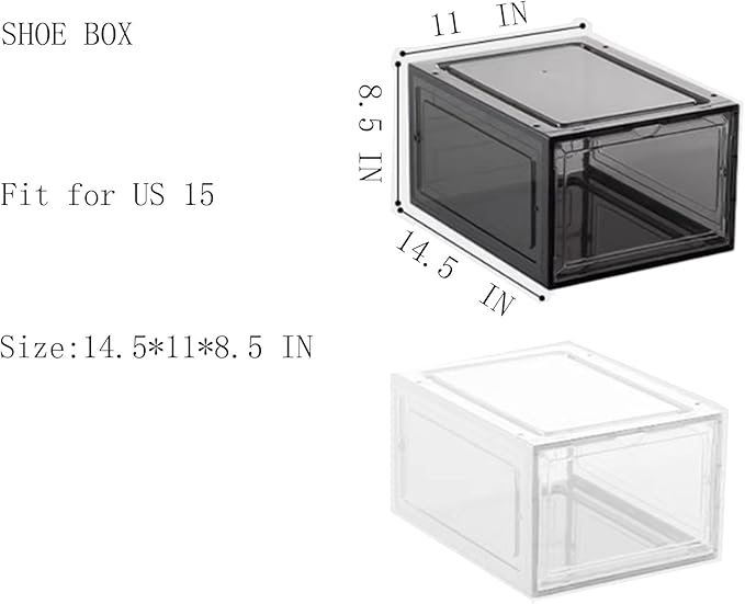 XXL Drop Front Shoe Storage Box Stackable, 6 Pack Shoe Display Case Fit US 15,Sneaker Storage Shoe Containers with Magnetic Door（6 PACK BLACK