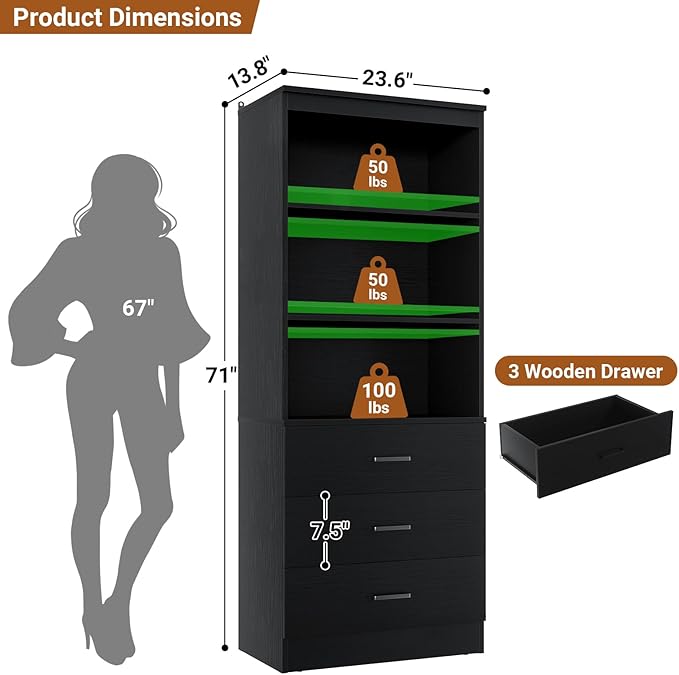 Aheaplus 23.6" Closet Drawers System, Wood Closet Organizer System with 3 Drawers, Modular Small Walk-in Closets Storage Unit, Black (23.6" L x 13.8" W x 71" H)