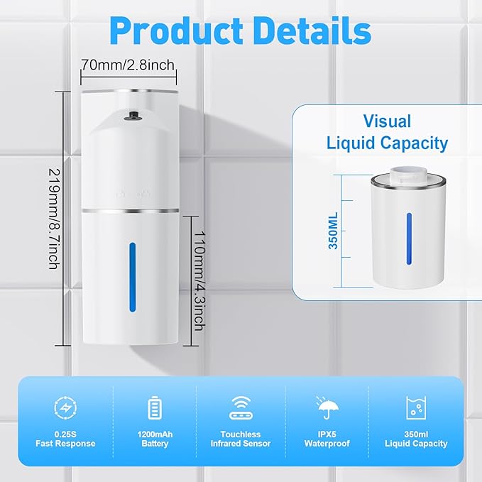 Automatic Soap Dispenser,Touchless Hand Wall Mount Rechargeable 3 Gear Adjustable Electric Soap Dispenser 350ml with Infrared Motion Sensor for Bathroom,Kitchen,Office, White Foam