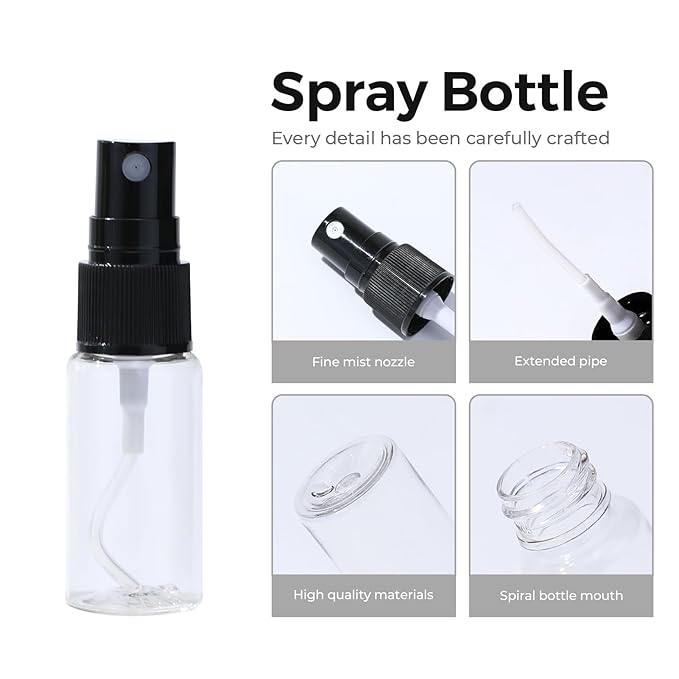 longway 15 PCS Spray Bottles, 0.5oz/15ml Transparent Empty Fine Mist Spray Bottle Dispenser with Cap, Small Refillable Liquid Containers with 1pcs Funnel and 18pcs Labels