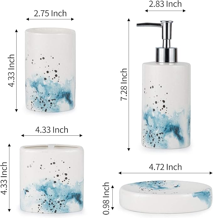Ceramic 4-Piece Bathroom Accessories Set Complete Hand Paint Bath Countertop Accessory Soap Dispenser Set