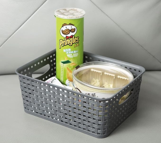 Grey Plastic Woven Storage Basket, 6-Pack Weave Gray Basket Organizer for Kitchen Office Bathroom