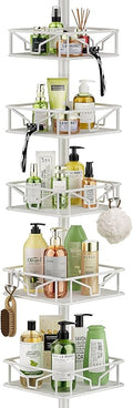 Skycarper 5 Tier Adjustable Corner Shower Caddy Organizer with Hooks,Rustproof Tension Pole 62-116 Inch,White