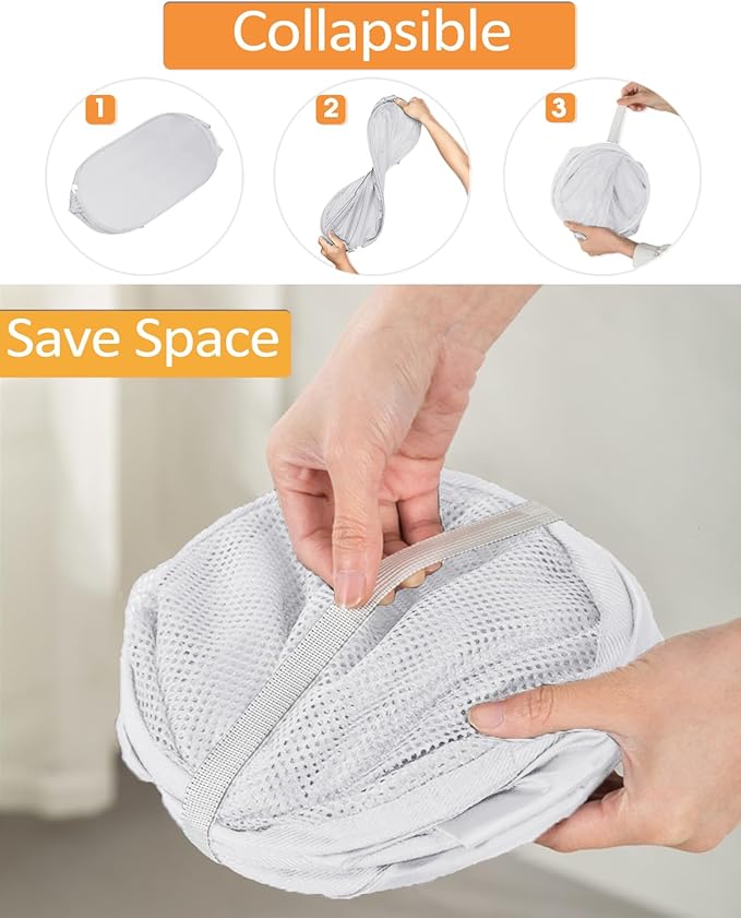 2 Pack Durable Collapsible Laundry Baskets - Reinforced Mesh Pop Up Laundry Hamper with Pocket, Foldable Dirty Clothes Hamper with Carry Handles for Laundry, Bathroom, Kids Room, Dorm or Travel White